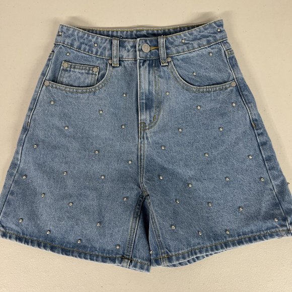 NEW 00 24  Milk It Recycled Spur Denim Metal Studded Blue Jean Shorts High Rise - Picture 1 of 10